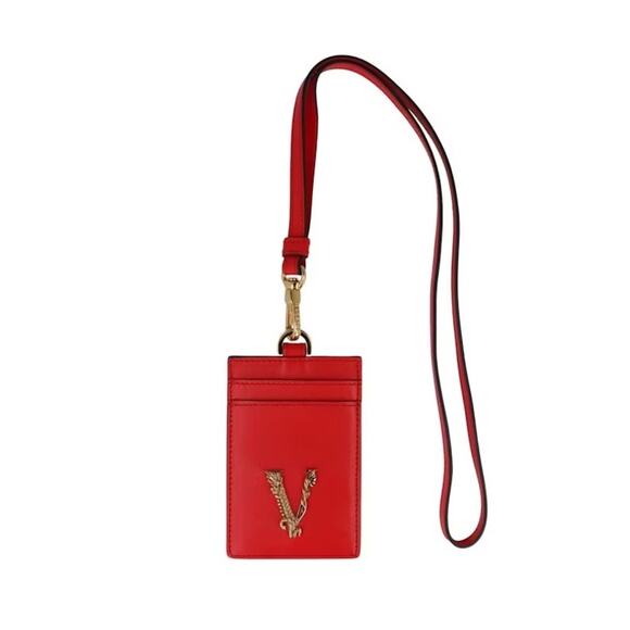 VERSACE Virtus Lanyard Red Leather Gold Barocco V Logo ID Card Case - NIB - Picture 1 of 11